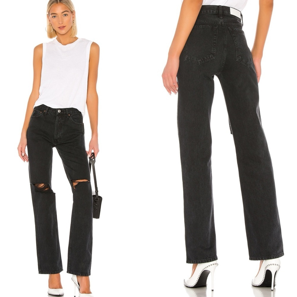 RE/DONE High Rise Loose Distressed Washed Black Denim Jeans